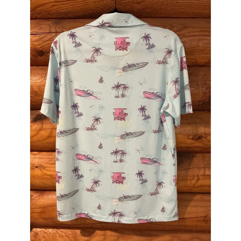 Bad Birdie‎ Polo Shirt Mens Size Small Boating Palm Tree Print Golf Short Sleeve